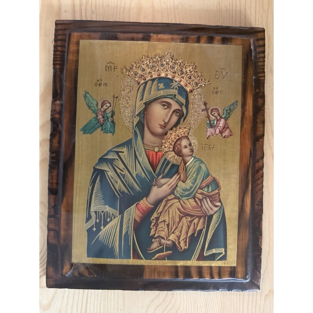 VTG Our Lady of Perpetual Help Virgin Mary Religious Picture Print Wood Placard